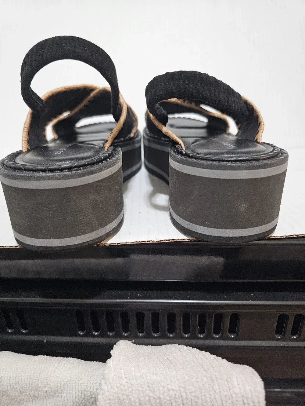 Clergerie Paris Freedom Black Suede Platform Slingback Sandals Whipstitch Sz 37